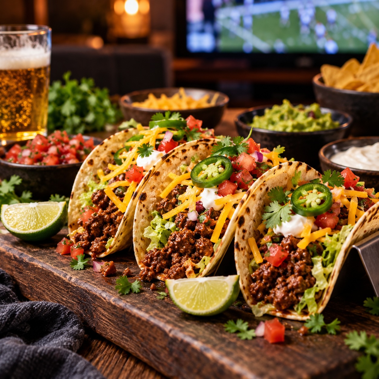 Beef Tacos mit Cheddar, Salsa, Limette und Jalapeños